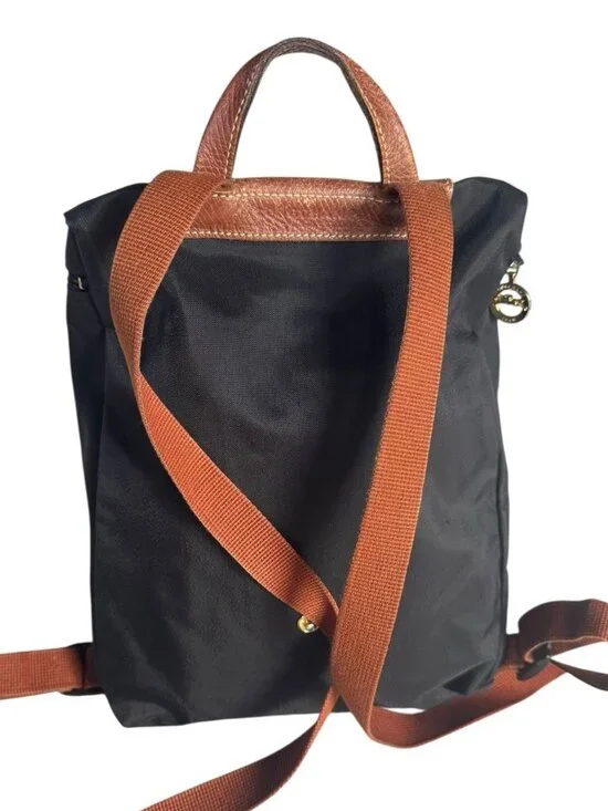 Longchamp Le Pliage Mini Backpack Black Canvas Brown Leather Flap - Picture 2 of 15